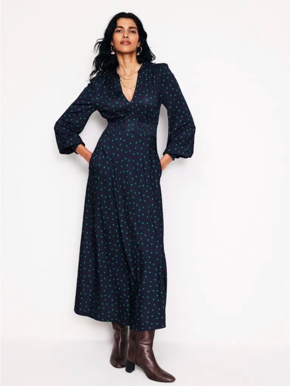 Boden Blue Maxi Dress with Green Polka Dots